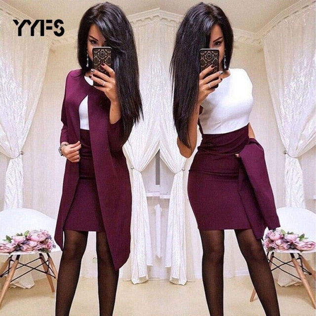 Long Blazer Jackets Sheath O-Neck Mini Dress Sexy Formal Dress Suits Women office wear 2 Piece Female Sets vestido formal mujer