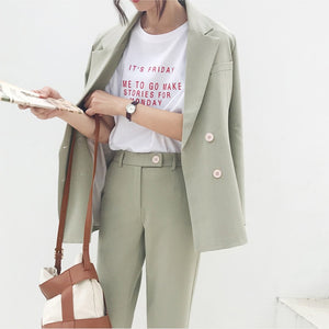 Vintage Autumn Winter Thicken Women Pant Suit Light Green Notched Blazer Jacket & Pant 2019 Office Wear Women Suits Female Sets