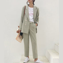 Load image into Gallery viewer, Vintage Autumn Winter Thicken Women Pant Suit Light Green Notched Blazer Jacket &amp; Pant 2019 Office Wear Women Suits Female Sets
