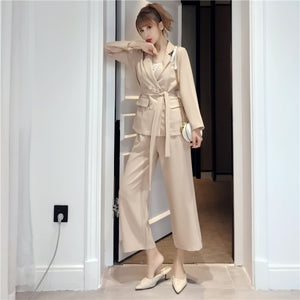 Autumn Winter  Women Lace Up Pant Suit Notched Blazer Jacket & Pant Office Wear Suits Female Sets