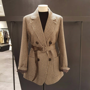 Vintage Double Breasted Office Ladies Plaid Blazer with belt Long Sleeve  Houndstooth Suit Coat Jacket Women blazers Female