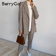 Load image into Gallery viewer, BerryGo Womens business suit plaid pant suits female Office ladies double breasted ladies suits Spring two-piece blazer suit set
