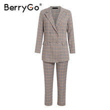 Load image into Gallery viewer, BerryGo Womens business suit plaid pant suits female Office ladies double breasted ladies suits Spring two-piece blazer suit set
