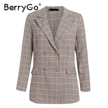 Load image into Gallery viewer, BerryGo Womens business suit plaid pant suits female Office ladies double breasted ladies suits Spring two-piece blazer suit set
