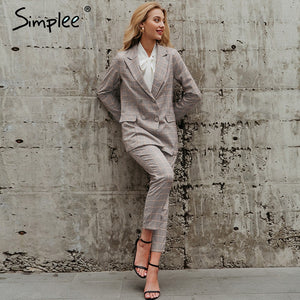 Simplee Office ladies plaid blazer suit Double breasted pockets female blazer pants set Streetwear elegant women blazer set