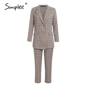 Simplee Office ladies plaid blazer suit Double breasted pockets female blazer pants set Streetwear elegant women blazer set