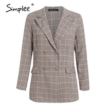 Load image into Gallery viewer, Simplee Office ladies plaid blazer suit Double breasted pockets female blazer pants set Streetwear elegant women blazer set
