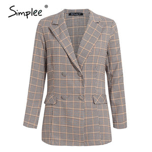 Simplee Office ladies plaid blazer suit Double breasted pockets female blazer pants set Streetwear elegant women blazer set