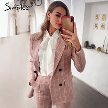 Load image into Gallery viewer, Simplee Fashion plaid women blazer suits Long sleeve double breasted blazer pants set Pink office ladies two-piece blazer sets
