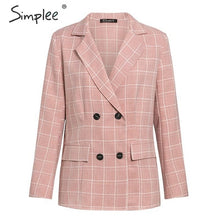 Load image into Gallery viewer, Simplee Fashion plaid women blazer suits Long sleeve double breasted blazer pants set Pink office ladies two-piece blazer sets
