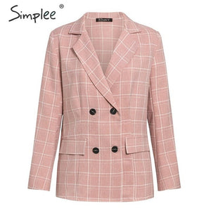 Simplee Fashion plaid women blazer suits Long sleeve double breasted blazer pants set Pink office ladies two-piece blazer sets