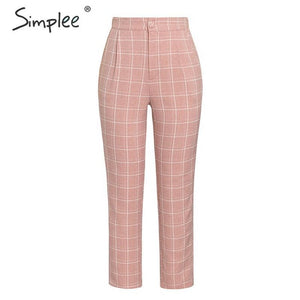 Simplee Fashion plaid women blazer suits Long sleeve double breasted blazer pants set Pink office ladies two-piece blazer sets