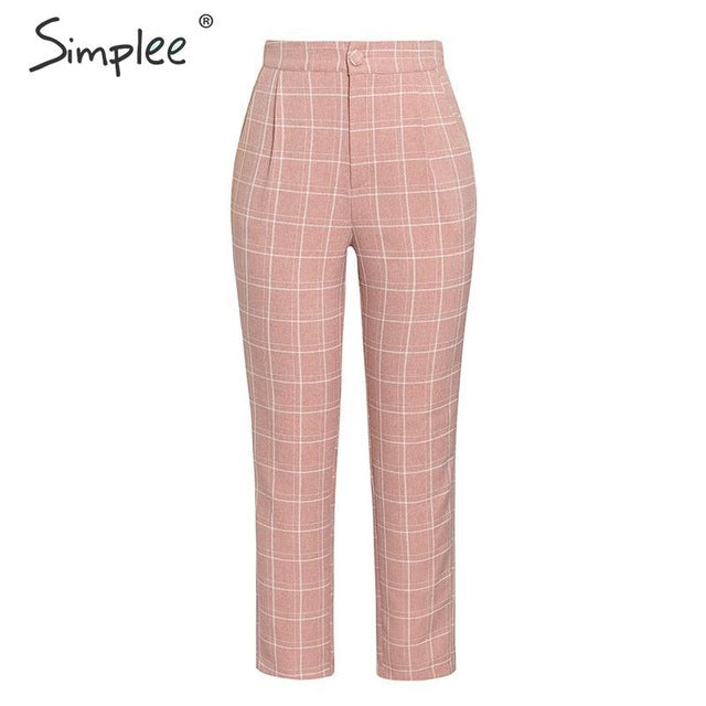 Simplee Fashion plaid women blazer suits Long sleeve double breasted blazer pants set Pink office ladies two-piece blazer sets