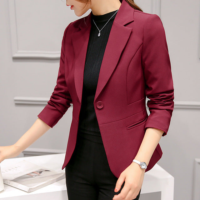 2019 Women's Blazer Pink Long Sleeve Blazers Solid One Button Coat Slim Office Lady Jacket Female Tops Suit Blazer Femme Jackets